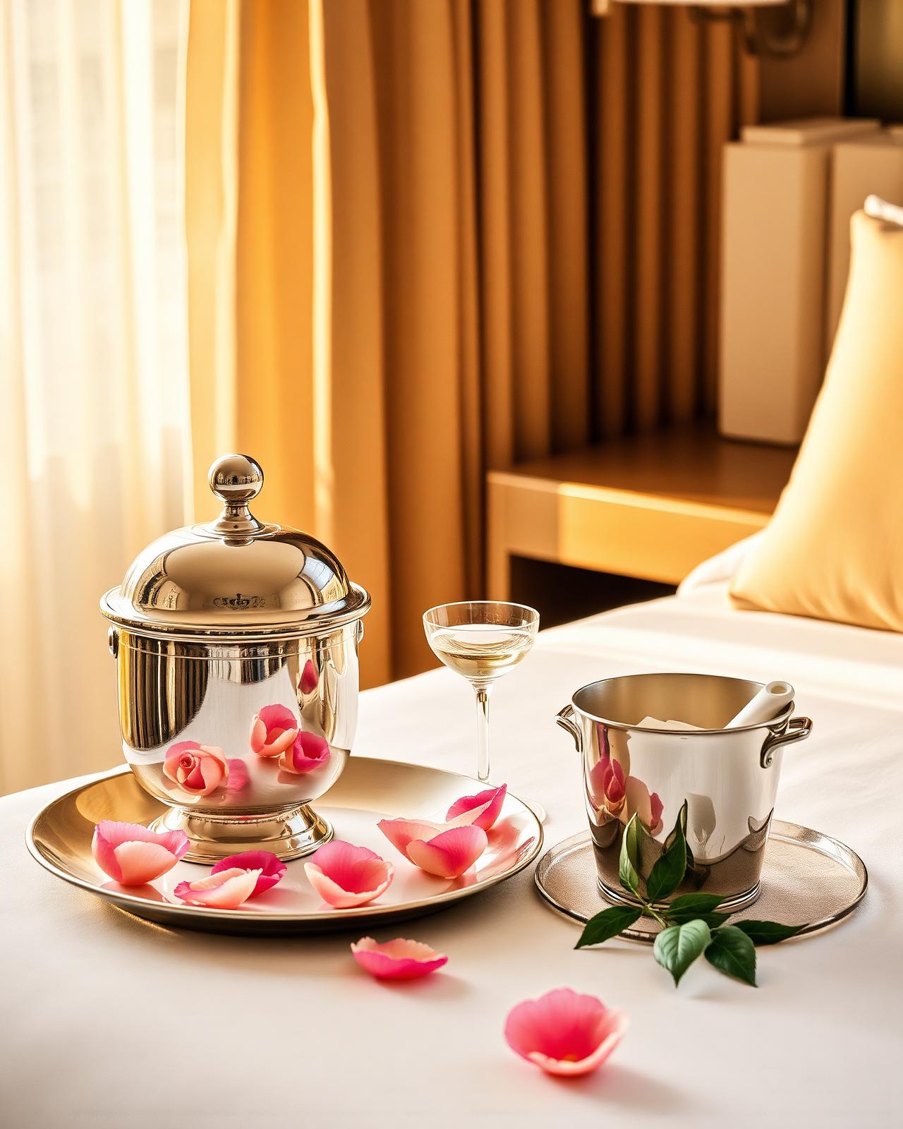 Luxury in-room amenity with silver dome and rose petals
